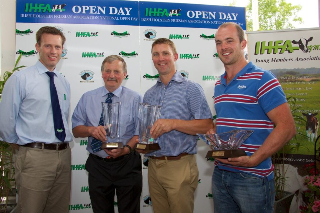 Winners of the Under 70 Section of the IHFA National Herds CompetitionL-R: 1st Richard Whelan, Clonard, Co. Meath, 2nd Philip Jones, Gorey, Co. Wexford, 3rd Michael Nolan, Borris Co. Carlow pictured with (far left) Gordon Richardson, Greenvale Feeds, Sponsors