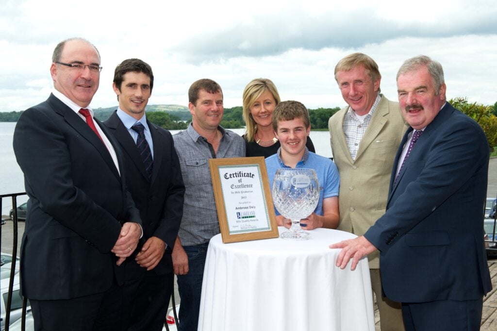 Michael Hanley, CEO, Lakeland Dairies, Niall Callanan, Easyfix Ltd, Lakeland Supreme Milk Quality Winner Ambrose, Margaret and Gavin Daly, Professor Paddy Wall, and Padraig Young, Chairman, Lakeland Dairies.