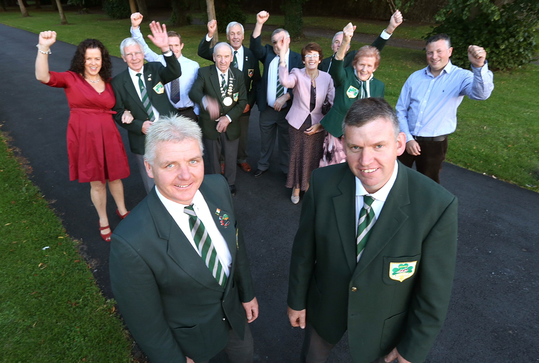 World Ploughing Champion Eamonn Tracey from Carlow and John Whelan from Wexford being cheered on by NPA Managing Director Anna May McHugh, NPA Chairman PJ Lynam, members of the National Ploughing Association, friends &amp; family.