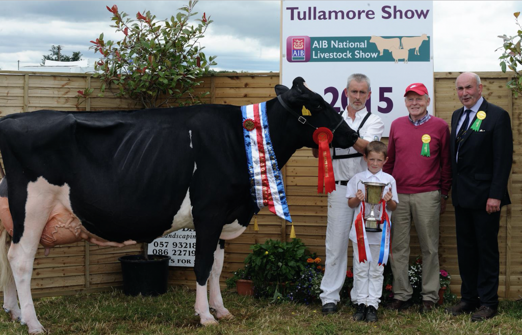 Senior Holstein Friesian Champion – Evergreen Duplex Ebony , Liam Murphy , Co Carlow, with Tommy Finlay , Dairy section, Tullamore Show, Tom Kelly Judge of the Monamore Herd, Drogheda, Co. Louth.