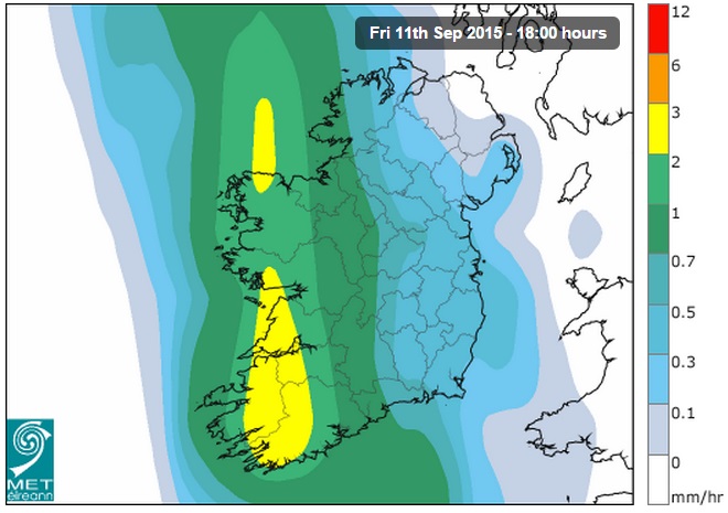 The current forecast of rain for Friday evening