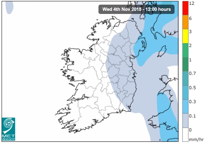 The current indication from Met Eireann for rainfall levels on Wednesday