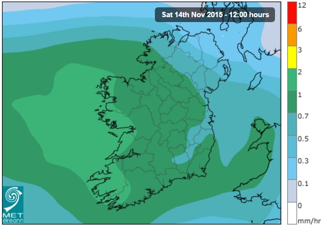 Expected rainfall levels across the country on Saturday at noon