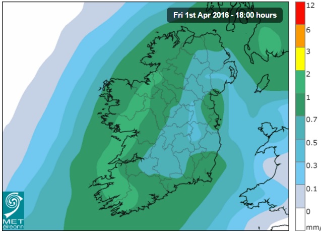 Current forecast for rain on Friday, April 1 at 6.00pm