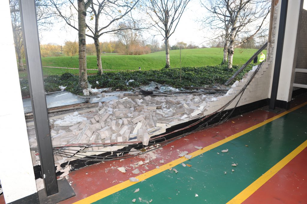 The mini tornado caused a wall to collapse at the JCB factory