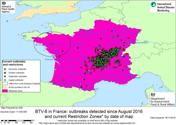 Updated restriction zone for Bluetongue disease in France Source: DEFRA