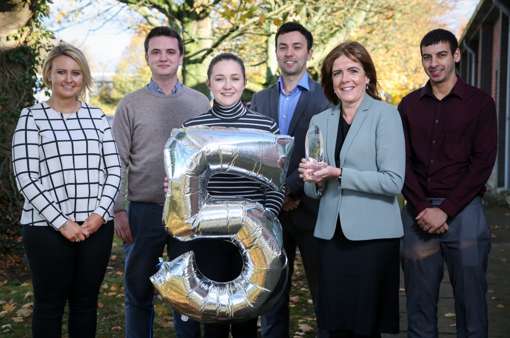 L-R: Moy Park graduates Caroline Wilson, Tim Hilary, Sinead Cunningham, Conor Morgan and Ashley Majhu with Katharine Strain, Head of Talent and Organisational Development at Moy Park.