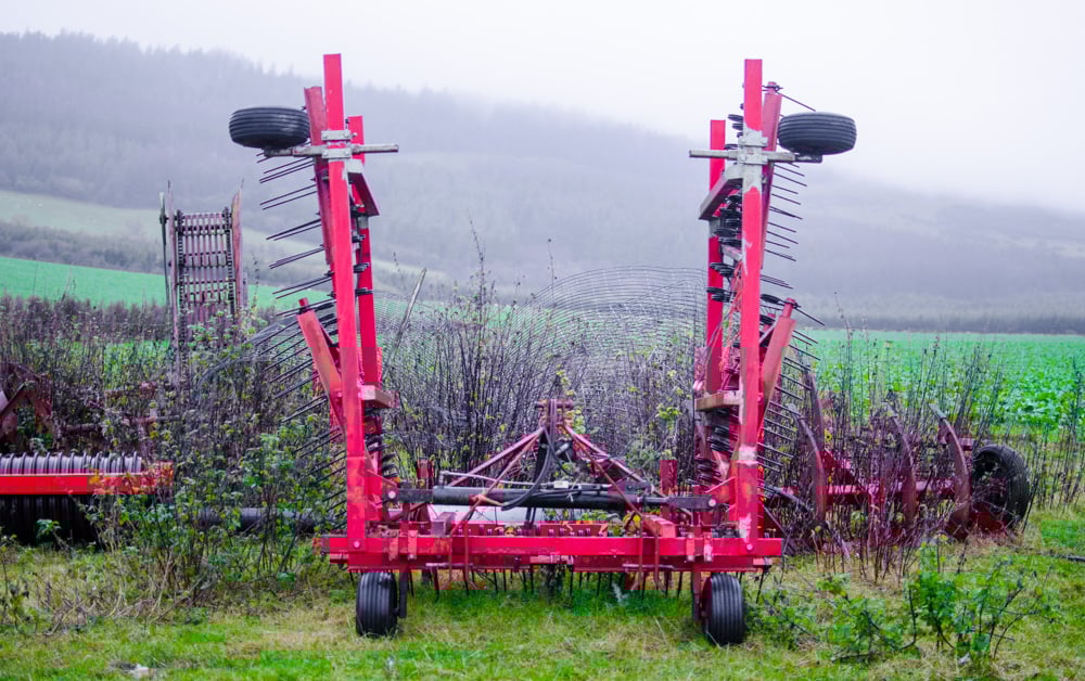 The thine harrow used when sowing forage crops on farm