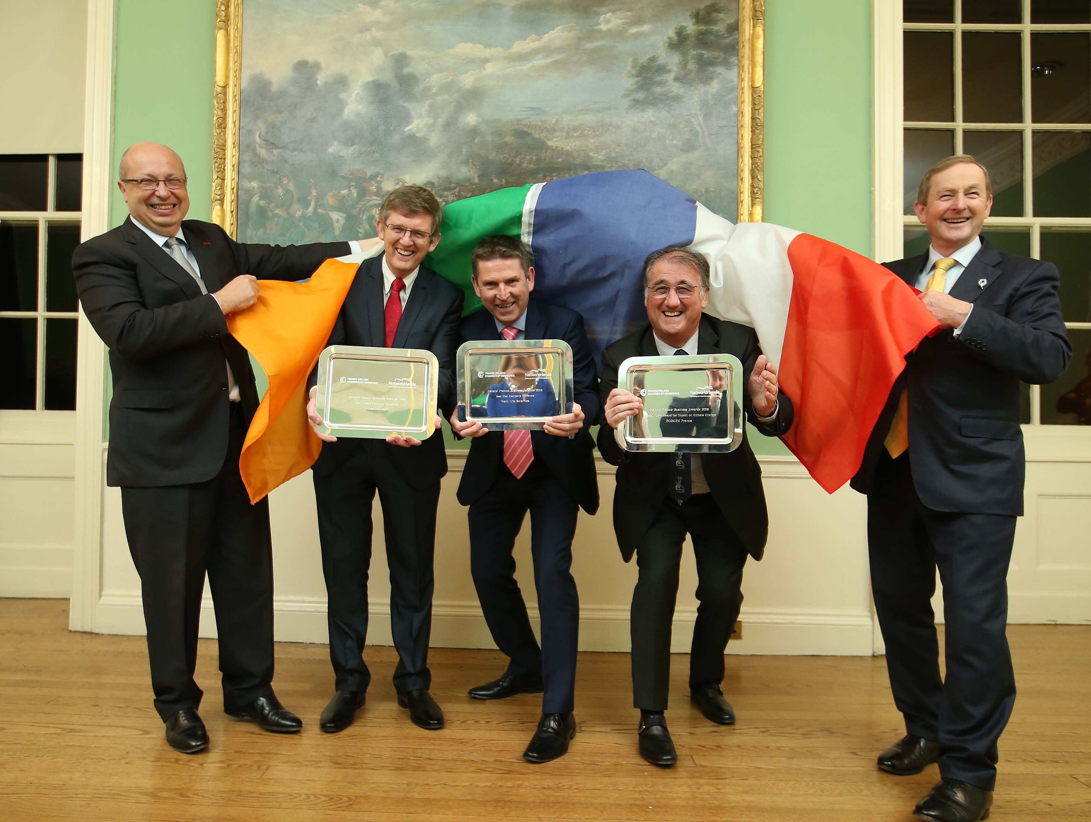 Ambassador of France to Ireland, Jean-Pierre Thebault alongside Liam Woulfe CEO Grassland Agro, Tony Richardson CEO Venn Life Sciences, Michel Pigeat, MD ECOCEM France and An Taoiseach Enda Kenny.