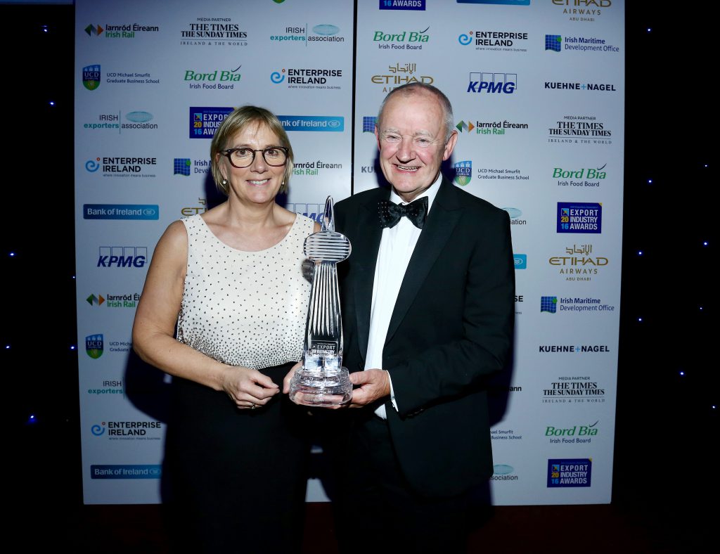 Julie Sinnamon, CEO, Enterprise Ireland with Michael Burke, founder and managing director, Chanelle Group at the Irish Exporter of the Year Awards 2016