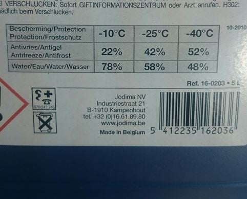 The ratios at which to mix antifreeze and water which offers different levels of protection