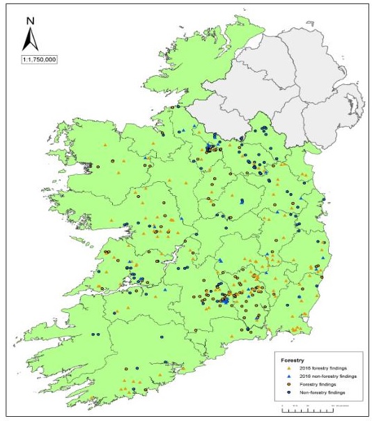 Distribution map of confirmed findings of Ash Dieback in Ireland.