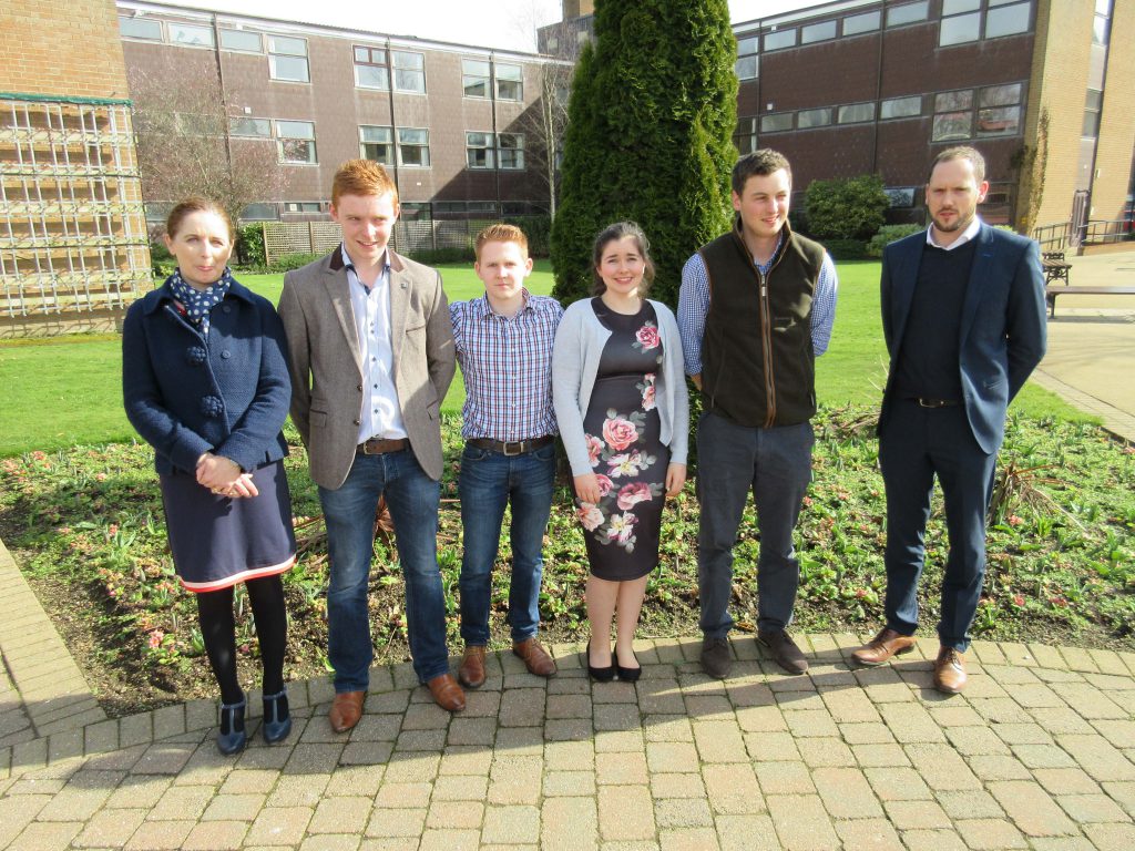 Members of the 3rd-placed team who produced a duck wellington. From left: Dr. Kate Semple (CAFRE), Ruairi McAnulty, Thomas Kelly, Orla Kelly, Hugo Hanna and Keith Williamson (Linden Foods)