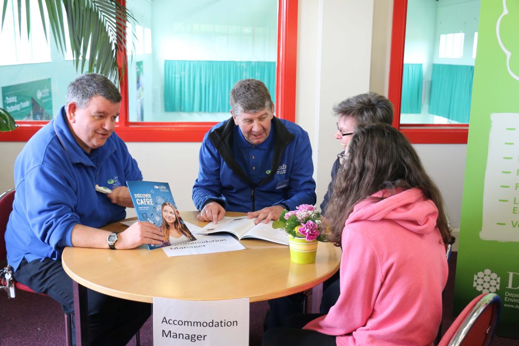 Prospective Greenmount Campus student Leia Williamson and her mum from Banbridge, Co Down get up to speed on details about accommodation from the Accommodation manager, Barry Kelly, at the spring open day. Also included is the CAFRE Recruitment Manager Kenneth Johnston