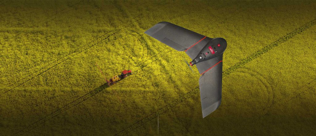 This is not a stealth bomber. It’s actually a small fixed-wing drone, which is being used to ‘scan’ crops