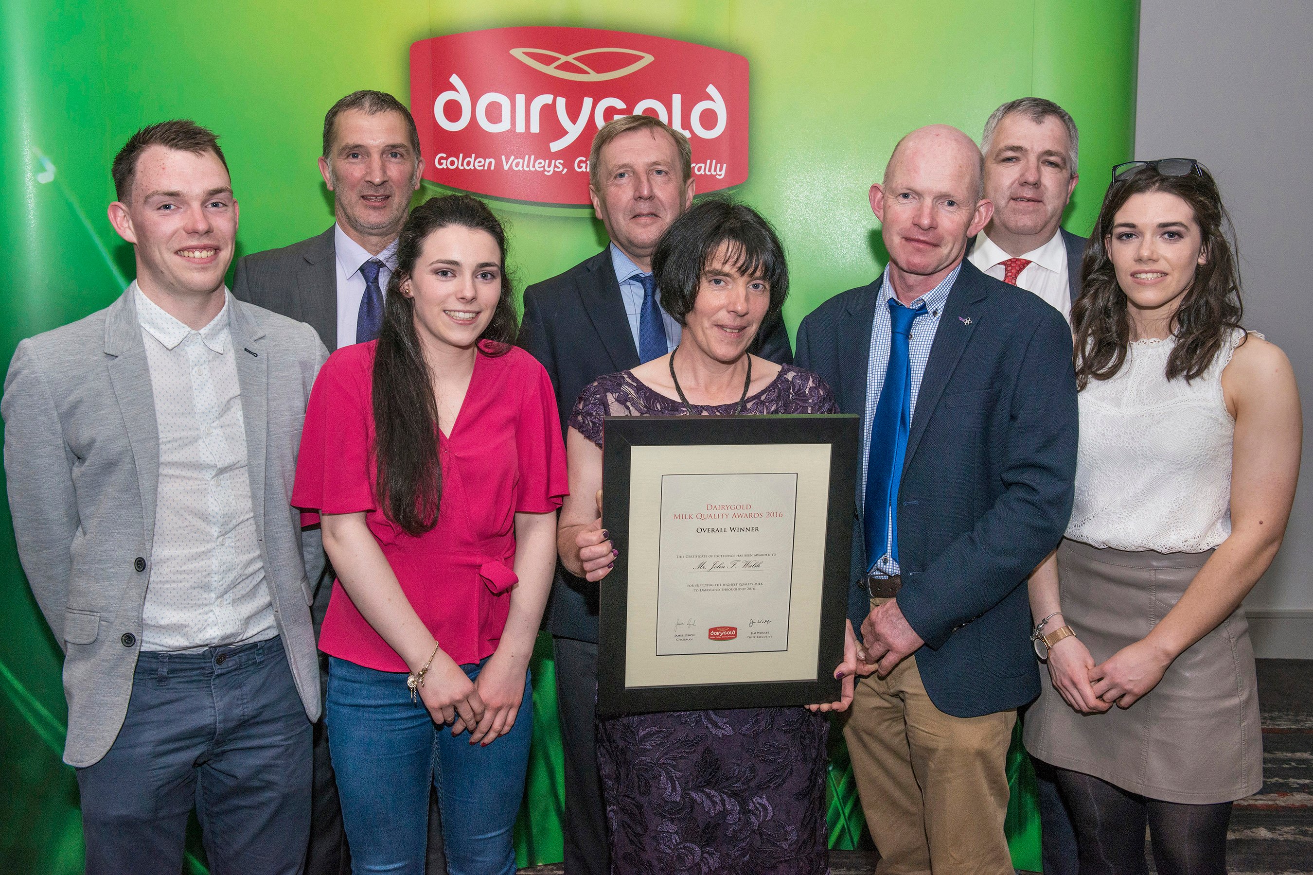 Pictured at the Dairygold Milk Quality Awards are the overall winners John and Maria Walsh, Ballylomasna, Ballylooby, Cahir, Co Tipperary, their children Brendan, Helena and Claire. Also pictured: Michael Creed, Minister for Agriculture, Food and the Marine, John O’Gorman, Vice Chairman, Dairygold and James Lynch, Chairman, Dairygold. Photo O’Gorman Photography