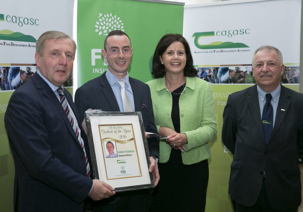 Shane Fitzgerald pictured alongside the Minister for Agriculture, Food and the Marine, Michael Creed; Chief Executive of FBD Insurance, Fiona Muldoon; and Director of Teagasc, Prof. Gerry Boyle