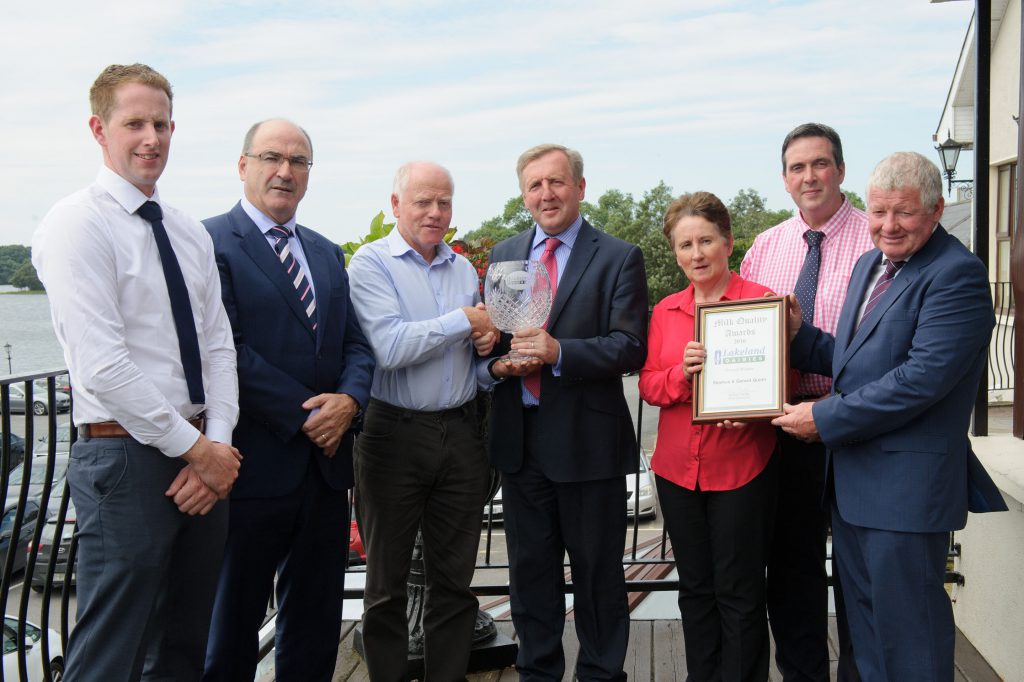 Supreme Milk Quality Winners, L-R: David Gunn, Easyfix; Michael Hanley, Lakeland Dairies CEO; Seamus Quinn; Minister for Agriculture, Michael Creed; Margaret Quinn; Colin Kelso, Vice Chairman of Lakeland Dairies; and Alo Duffy, Chairman of Lakeland Dairies