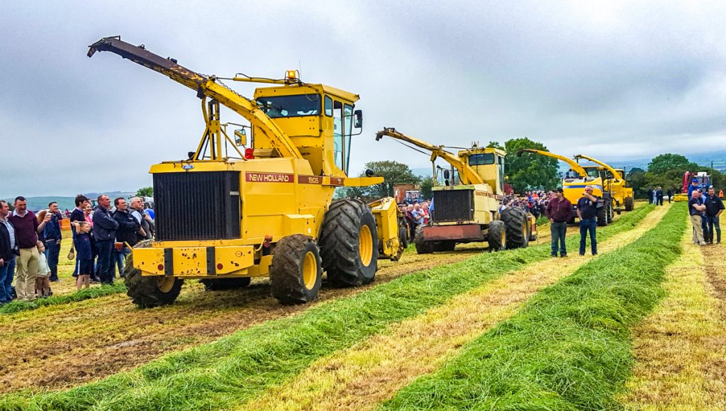 New Holland self-propelled forage harvesters from the ages: Older 1905 and 2200 S machines lined up alongside newer FX and FR models
