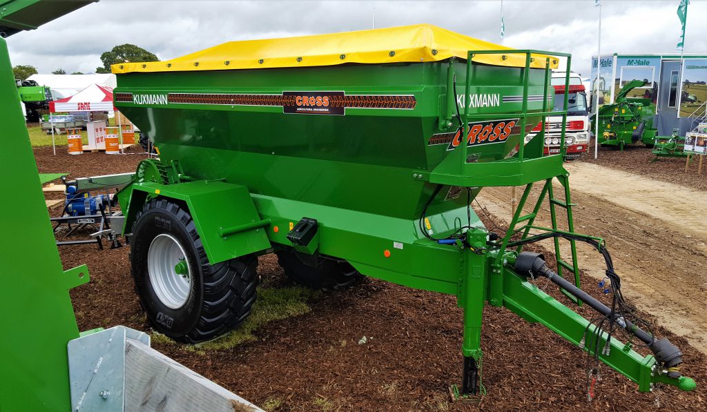Cross Agricultural Engineering imports these German-built Kuxmann trailed fertiliser and lime spreaders. Maximum spread width is up to 36m; capacities stretch from 5,300 to 14,000L. List prices start at about €32,000 (excluding VAT). The 12m³ model at the show (above) is equipped with a hydraulic cover, over-run clutch, wide-angle PTO, front catwalk, ball-and-spoon hitch, weigh cells and commercial axles