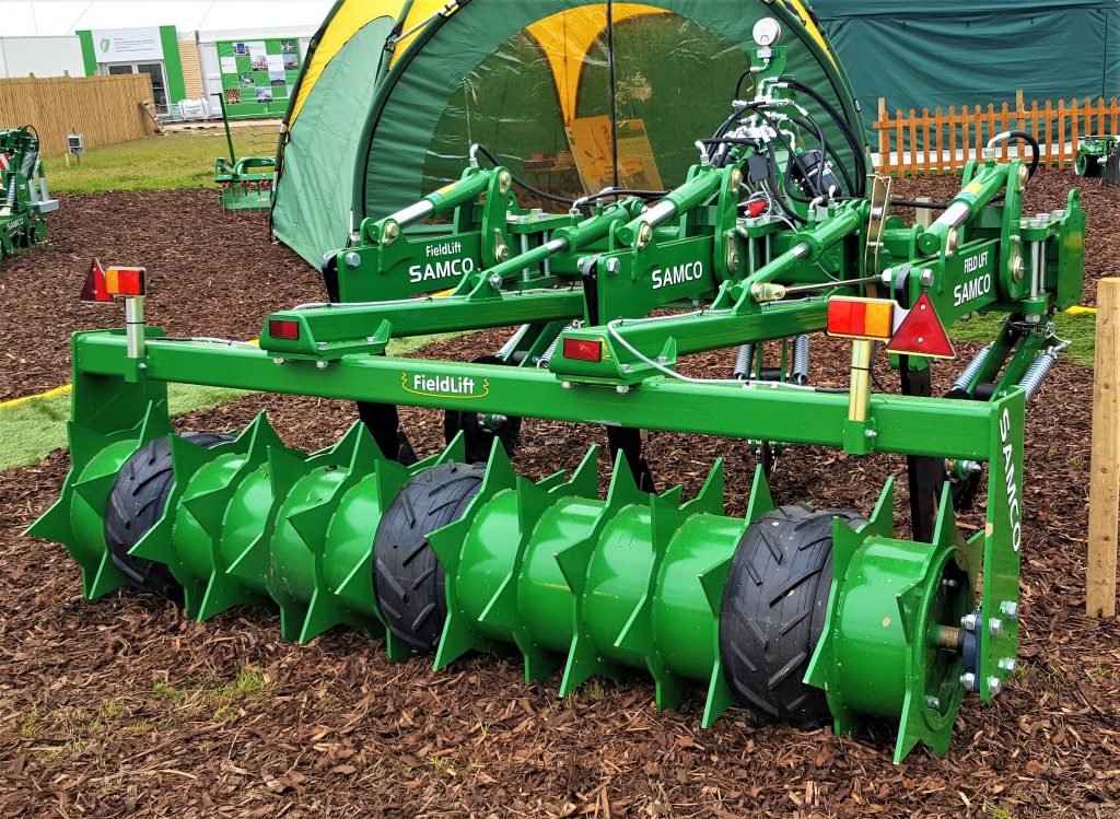 Samco’s Field-Lift is claimed to alleviate soil compaction; it breaks sealed subsoil down to a depth of 18in. This three-leg machine (pictured) incorporates a hydraulic-release system on the legs; they can also pivot left or right. It’s one of a range of machines from the Adare-based company, which was founded back in 1997