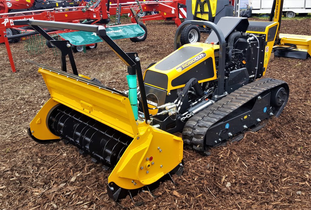 McConnel’s ‘all-terrain’ Robocut is a remote-controlled mower; it can supposedly tackle slopes of up to 55º. It has a 1.3m-wide cutter, a range of 150m and is equipped with a 40hp powerpack (other outputs are optional). It lists at €49,500
