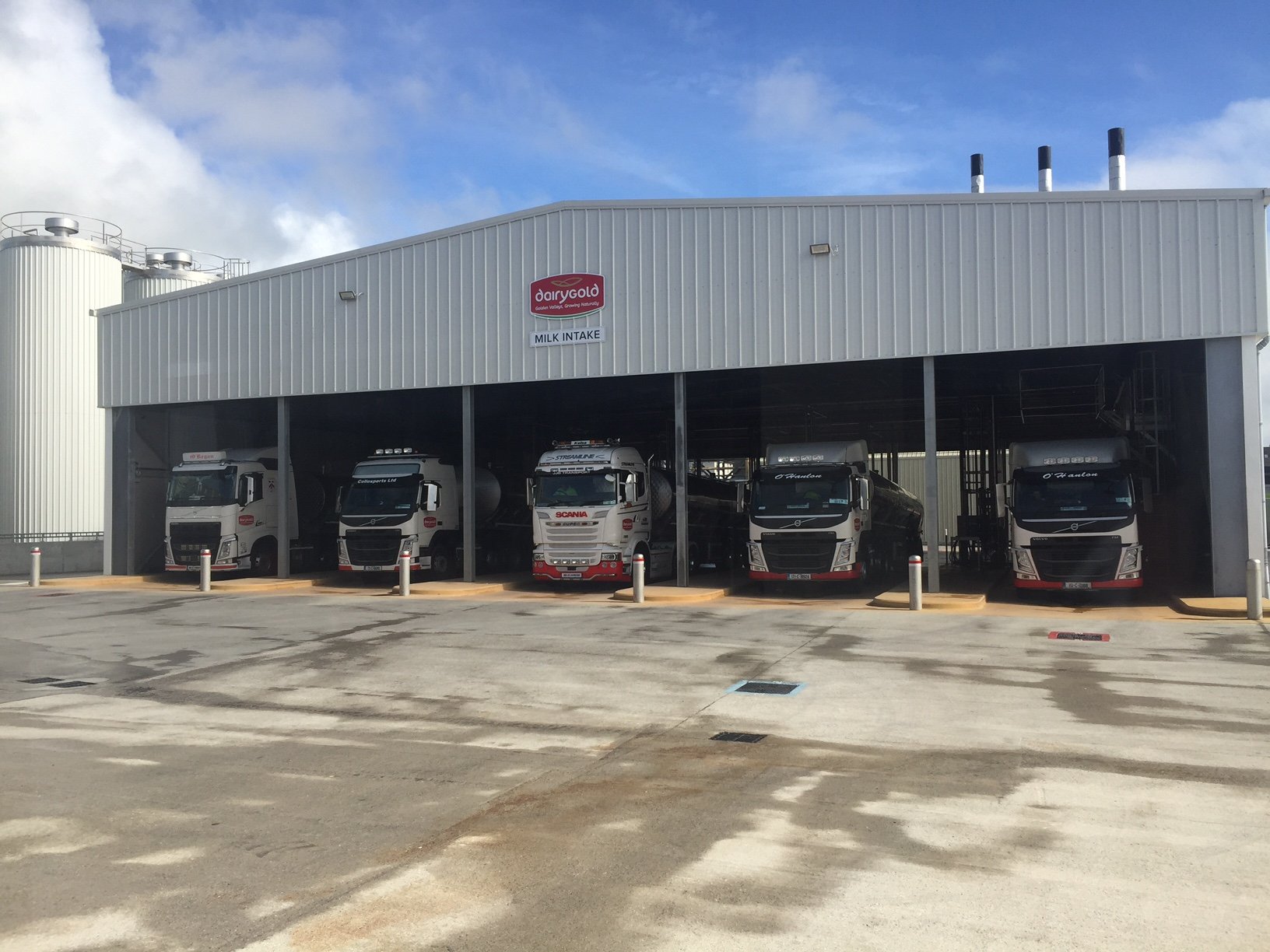 The five milk intake points at Dairygold’s Nutritional Campus in Mallow