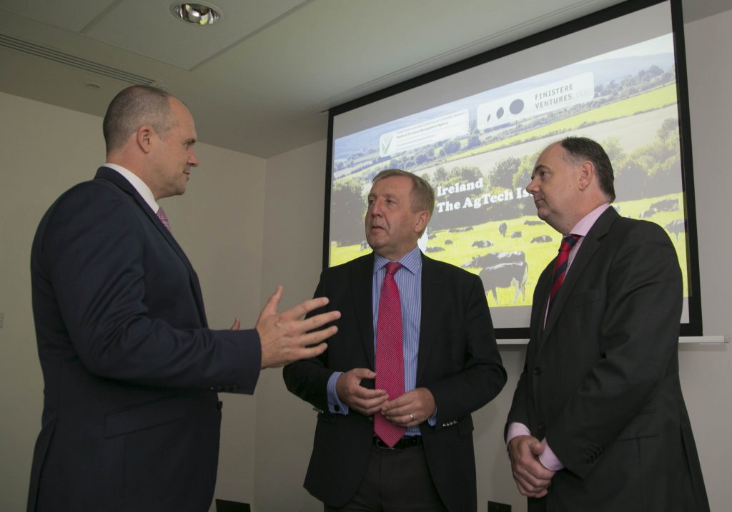 Minister for Agriculture, Food and the Marine, Michael Creed, with Finistere’s Kieran Furlong, Ireland AgTech Fund partner (left) and Cathal Fitzgerald, the Ireland Strategic Investment Fund’s Head of Agricultural Investments (right). Image source: Colm Mahady / Fennells, Fennell Photography