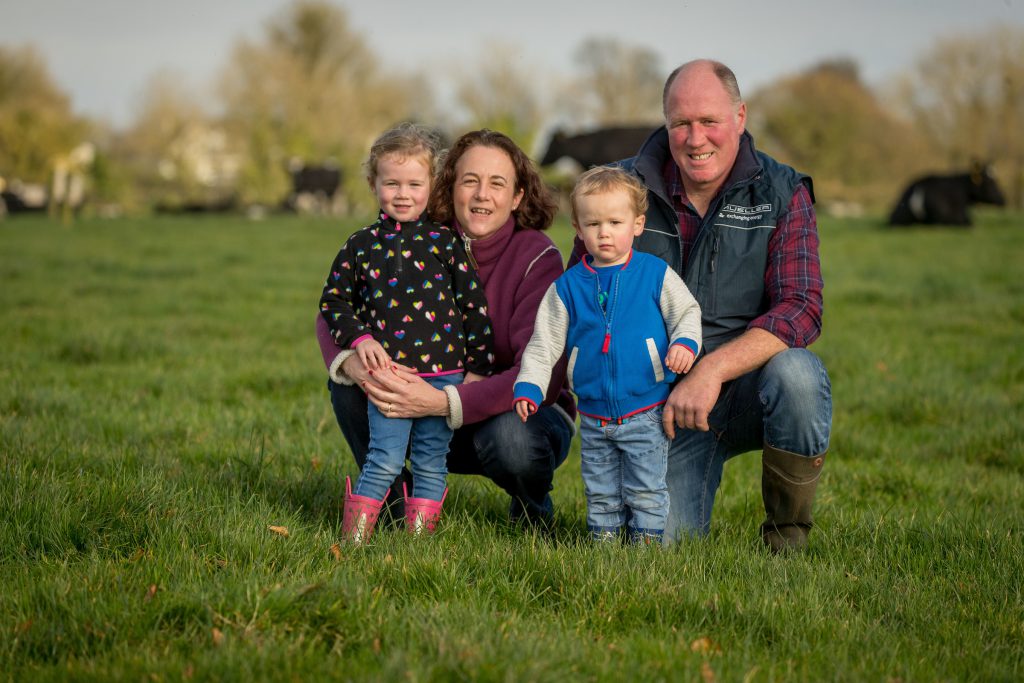 Eugene and Deirdre Fitzpatrick, pictured with Ruth (3) and Conor (2), on their farm in Co. Longford. Image source: Dylan Vaughan