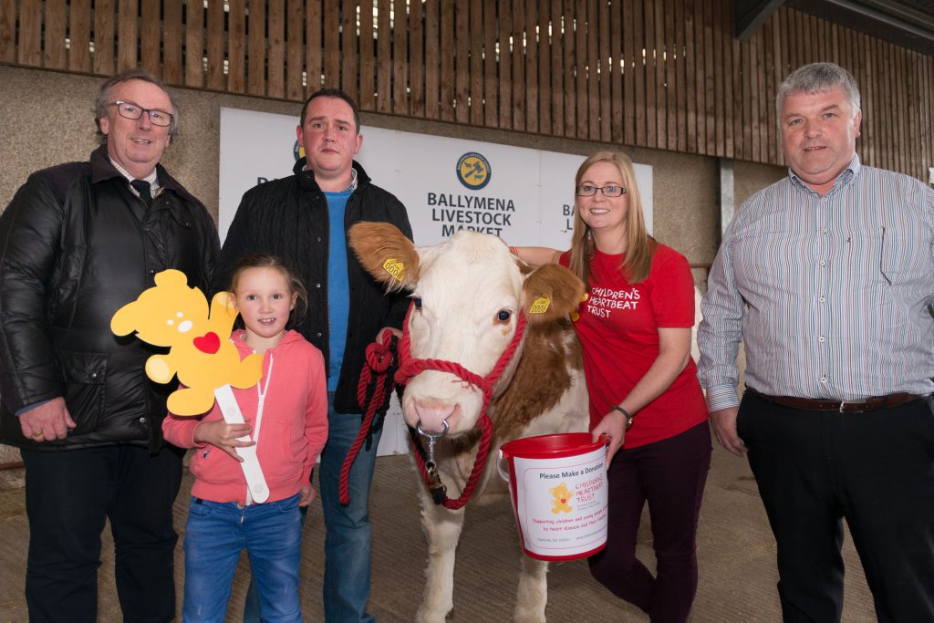 Shaun Irvine, Ballymena Livestock Market; Grace Powell; Richard Powell; Lynn Cowan, Children’s Heartbeat Trust; and Hampton Hewitt, Markethill Livestock Market
