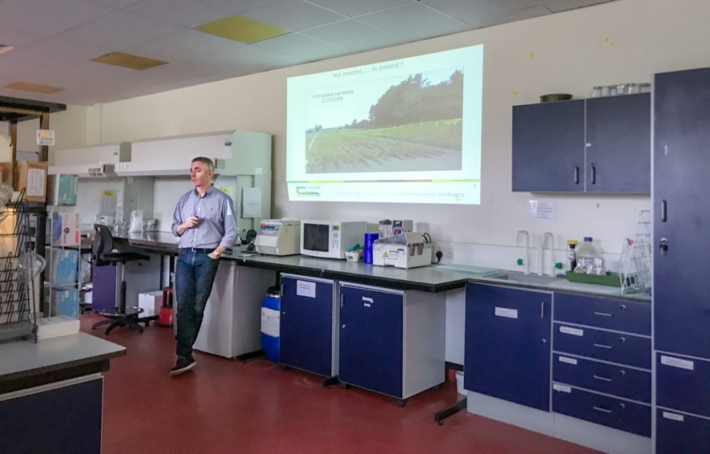 Ewen Mullins making a presentation on the GM potato experiment carried out in Teagasc, Oakpark