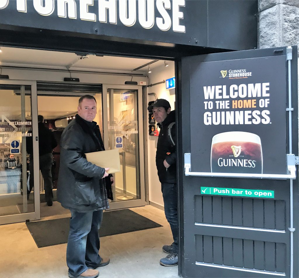 Bobby Miller and Colm Fingleton of the IGGG entering the Guinness Storehouse with a letter for Diageo