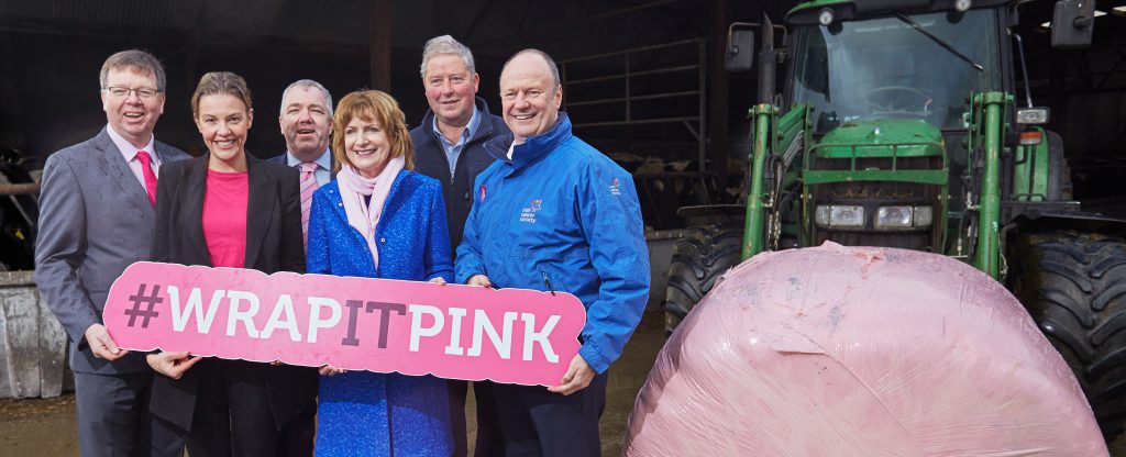 L-R: John O’Carroll, head of retail, Dairygold; Gillian Foley, marketing manager, Dairygold; James Lynch, chairman, Dairygold; farmers Mary and John Hally; and Mark Mellett, head of fundraising, Irish Cancer Society. Image source: Miki Barlok