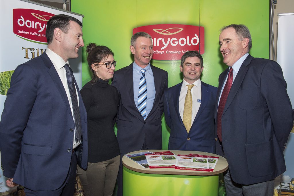 Speakers L-R: Seamus O’Mahony, head of sales and marketing, Dairygold; Dr. Louise McNamara, Teagasc Oak Park; Ciaran Collins, Teagasc Moorepark; Tim O’Donovan, Seedtech; and Niall Griffey, Dairygold. Image source: O’Gorman Photography