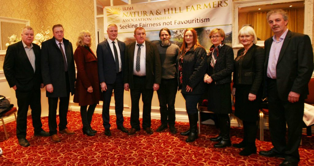 L-R: Michael Fitzmaurice TD; Colm O’Donnell INHFA president; Bridget Murphy, INHFA Sligo secretary; Martin Kenny TD; Gerry Loftus, INHFA forestry chairman; MEP Luke Ming Flanagan; Mary Rooney, INHFA, Leitrim chairperson; MEP Mairead McGuinness; MEP Marian Harkin; and Gerard McGovern, INHFA. Image source: Brian Farrell
