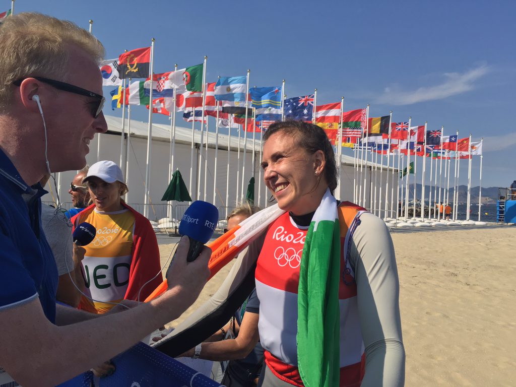 Damien interviewing Olympic silver medallist Annalise Murphy after she had won silver in sailing in 2016