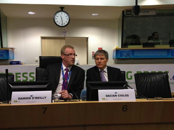 Damien moderating an EU conference with then EU Agricultural Commissioner Dacian Ciolos in Brussels in 2012