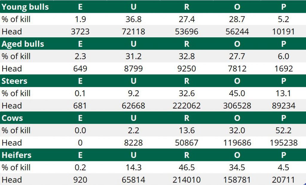 Breakdown of carcass grades for 2017