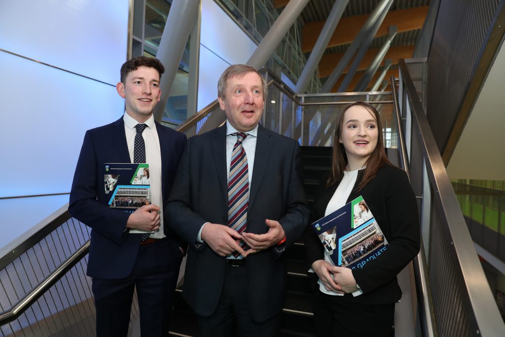 Pictured with Minister for Agriculture, Food and Marine, Michael Creed, are final year UCD students Thomas Smith and Aoife Leader. Image source: Jason Clarke