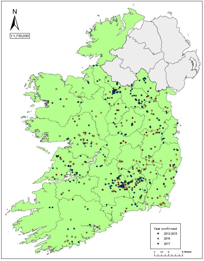 Distribution map of confirmed findings of ash dieback in Ireland (as of July 31, 2017). The locations of commercial nurseries and garden centres are not depicted. Image source: Department of Agriculture