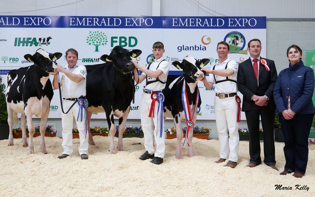 L-R: Honourable mention – Hallow Doorman Abrakazoo 2 ET, Paul Flanagan; reserve – Clonpaddin Snowy Fame 2, Mark Hurley; champion – Hallow CM Beene Frost, with Philip Jones; judge, Ben Yates; and Volac’s Louella Lang.