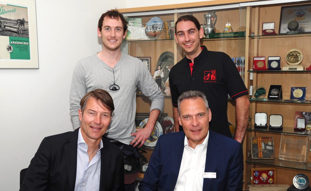 Back row (L-R): Stephen and Paul Scrivener (Farmhand). Front row (L-R): Christian Dreyer and Andreas Hemeyer (Amazone)