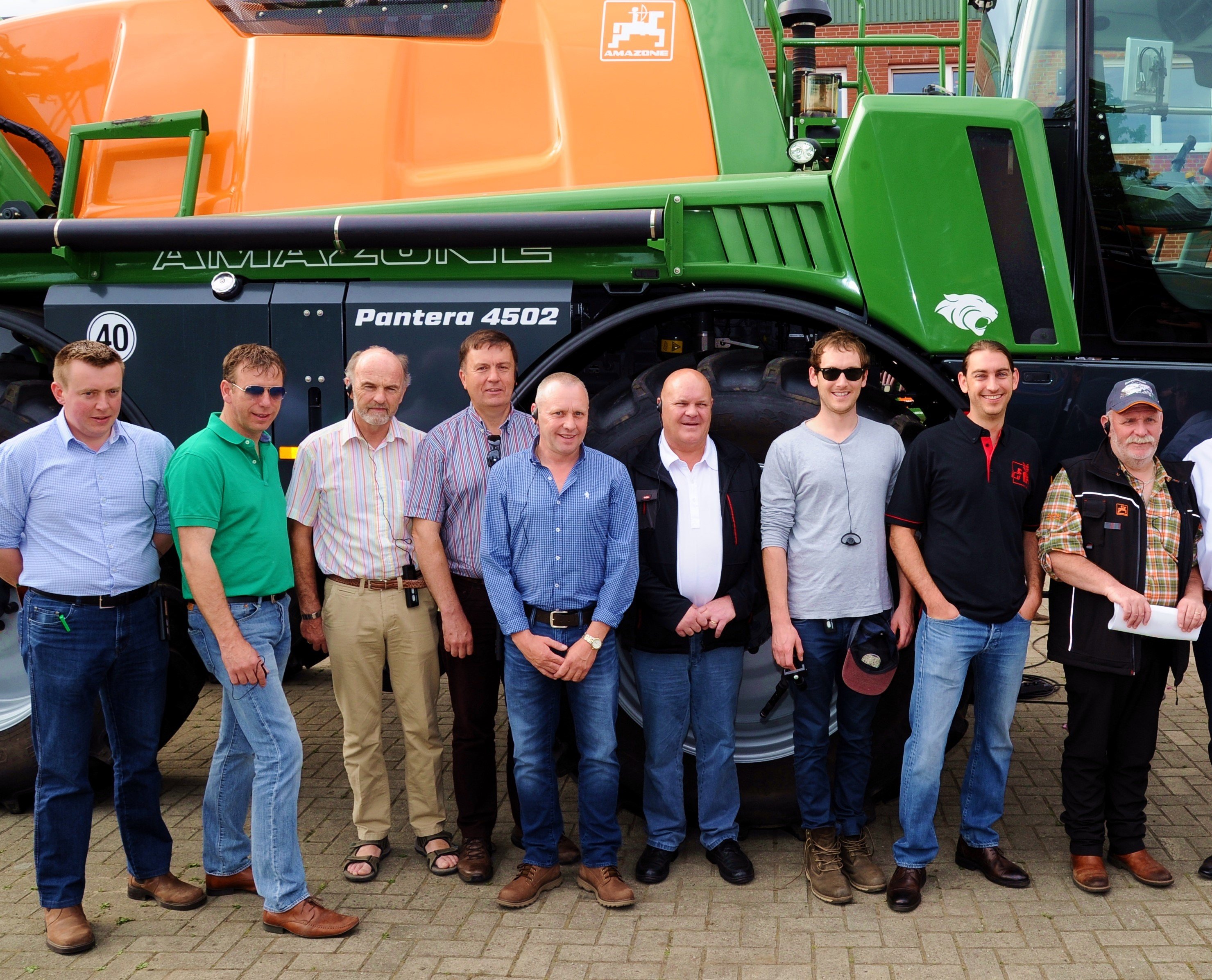 Some of the Irish delegation at Amatechnica 2018. L-R: Gerard Griffin; Christopher Dolan; Brian Fitzpatrick; Brendan Burke; Keith Fitzsimmons; Laurence Kehoe; with Farmhand’s Stephen Scrivener, Paul Scrivener and Val McAuley