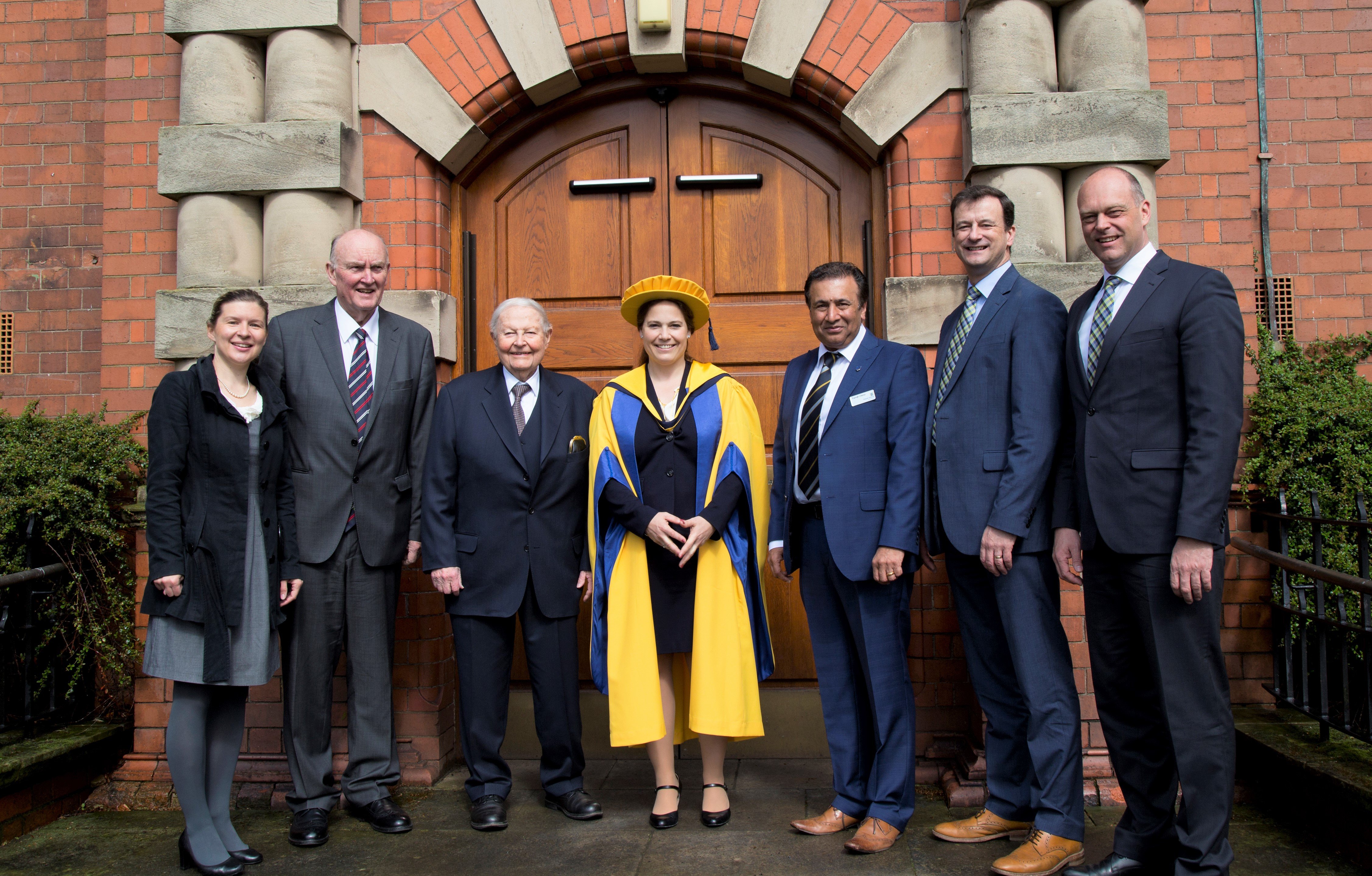 From left: Dr. Paula Misiewicz (Harper Adams University); Prof. Richard Godwin (Harper Adams University); Helmut Claas; Cathrina Claas-Muhlhauser; Parmjit Chima (Harper Adams University); Trevor Tyrrell; and Thomas Bock