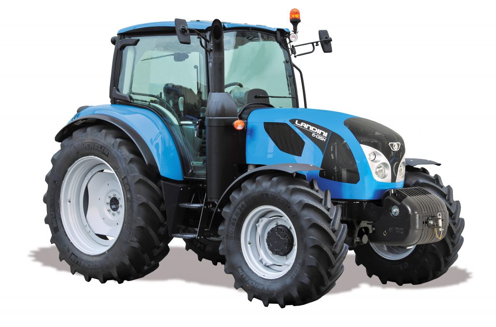 The new Landini 6-H Series tractors (110-126hp) combine the semi-powershift trans-axle of the more powerful 6-C tractors with the cab of the 5 Series (and a new 3.6L, four-cylinder engine)