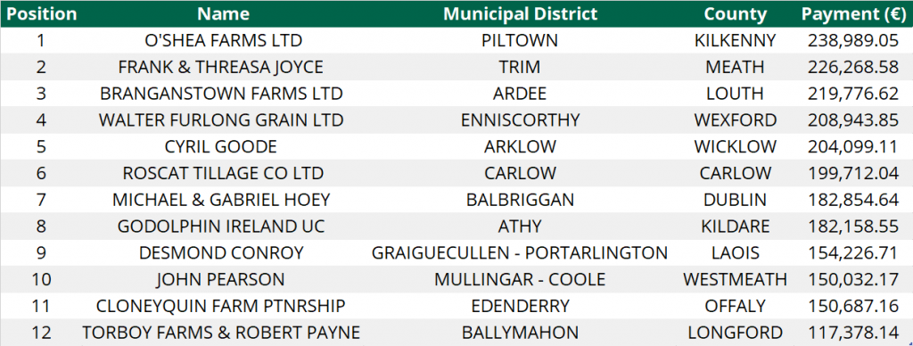 Top CAP beneficiaries by county in Leinster whose payments were primarily derived from direct payments