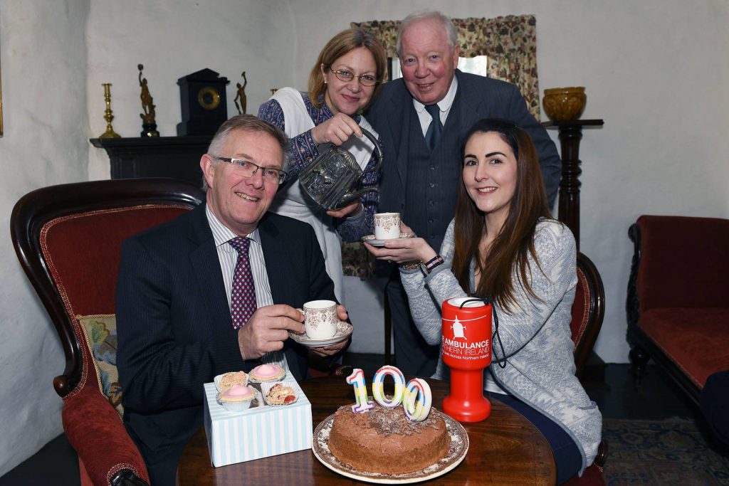 L-R: Ivor Ferguson, UFU president; and Grace Williams, Air Ambulance NI; with museum visitor guides Gillian Baird; and Harry Hamilton.