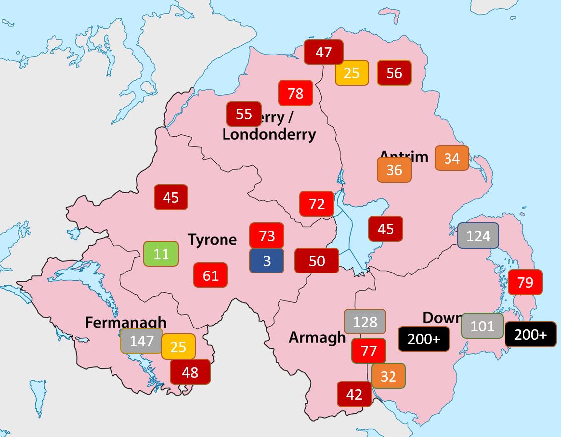 A graphic produced by GrassCheck showing the maximum soil dryness reading recorded (in centibars) on its network on Sunday