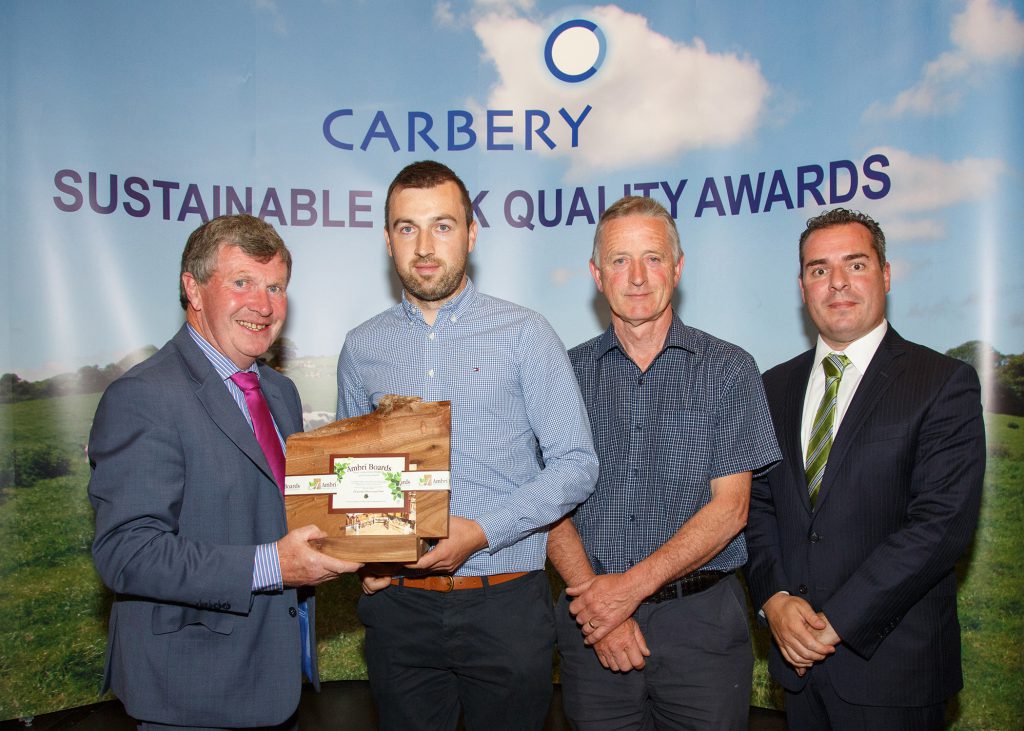 Barryroe Co-op winners. L-R: Peter Fleming, Carbery Group chairman; Conor and Kevin Moloney; Jason Hawkins, CEO, Carbery Group. Image source: George Maguire
