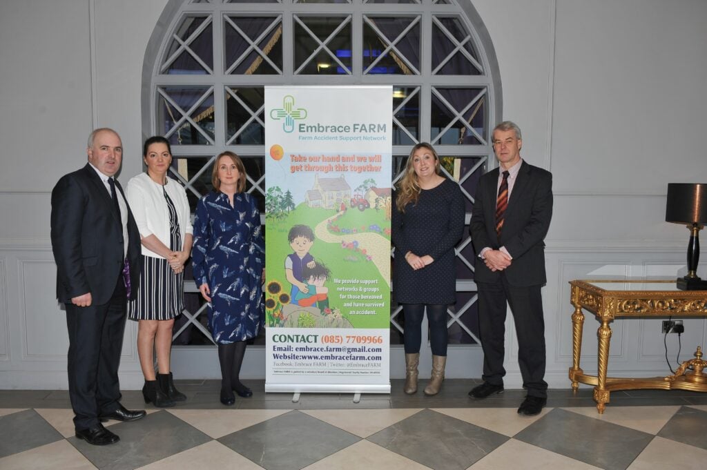 L-R: Brian and Norma Rohan, founders of Embrace FARM; Majella Philpott, Embrace FARM volunteer; Olivia Shiel, Chronic Pain Ireland; and Paul Maloney, AIB Bank, Portlaoise. Image source: Roger Jones